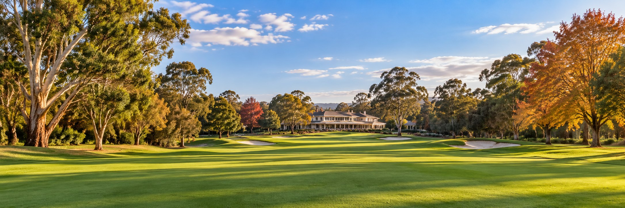 A tree-lined golf course with a sunlit fairway leading towards a clubhouse